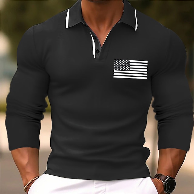  Per uomo Bandiera Americana Veterani Maglia da golf Manica Lunga Magliette polo Camicie con Colletto Casual Abbigliamento da vacanza Abiti da festa Bottoni Stampa 3D Autunno & Inverno Nero Rosa Verde