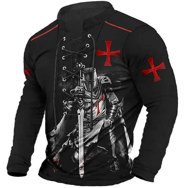 Men's Knights Templar Graphic Prints Graphic Tee Long Sleeve T shirt Shirt Fashion Designer Casual Outdoor Vacation Daily Wear Red Blue Dark Green Spring & Fall Clothing Apparel S M L XL 2XL 3XL 8