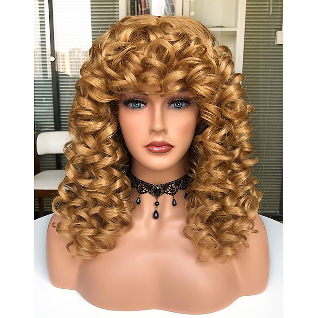 Long Curly Wavy Blonde Wigs for Women Side Part Natural Looking Cosplay Synthetic Fiber Wig Heat Resistant Replacement Wig Halloween Cosplay Party Wigs