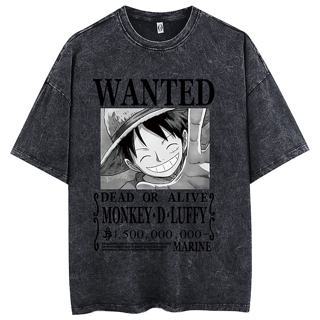  One Piece Monkey D. Luffy Oversized Acid Washed Tee Punk Gothic T-shirt Retro Vinatge Street Style Hip Hop Unisex Adults Kids