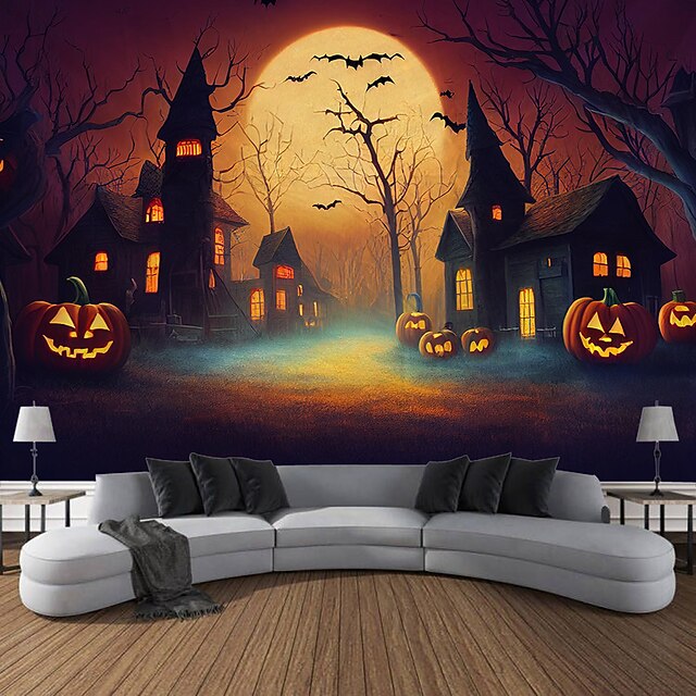 Halloween Decorations Tapestry Jack O Lantern Pumpkin Decor Wall Art Large Hanging Tapestry Mural Photograph Backdrop Blanket Curtain Home Bedroom Living Room Bats Haunted House Graveyard2