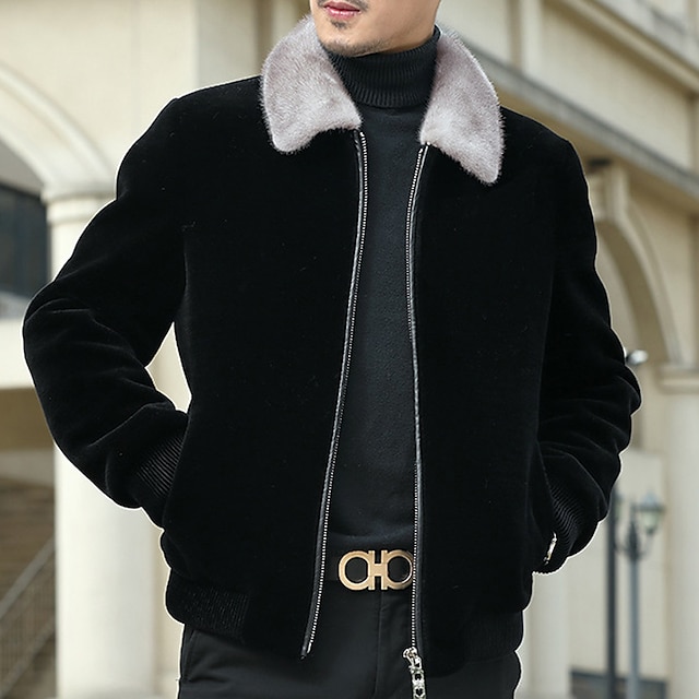  Men's Jacket Casual Jacket Outdoor Daily Wear Warm Zipper Pocket Fall Winter Plain Fashion Streetwear Lapel Regular Black Light Black Jacket