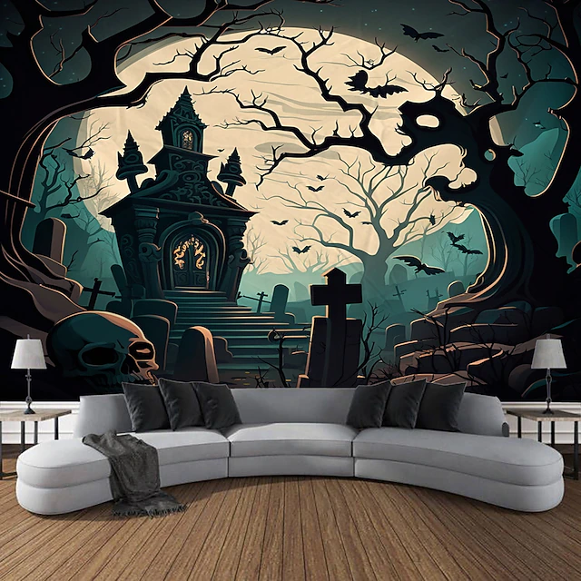 Halloween Decorations Wall Art Large Tapestry Mural Photo Background Blanket Curtains Bedroom Living Room Decoration Horror Pumpkin Monster Graveyard Haunted House 16
