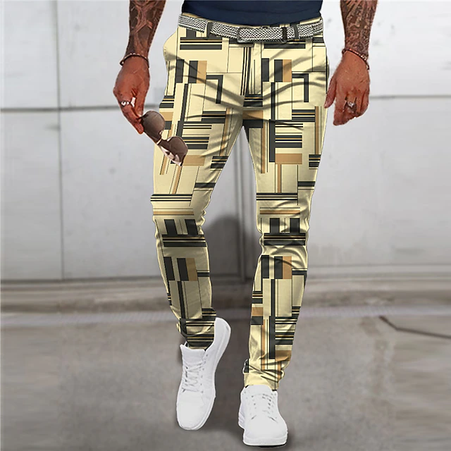 Plaid / Check Graphic Prints Geometry Business Men's 3D Print Pants Trousers Outdoor Street Wear to work Polyester Black White Blue S M L Mid Waist Elasticity Pants 5