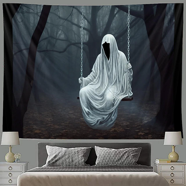 Halloween Horror Hanging Tapestry Wall Art Large Tapestry Mural Decor Photograph Backdrop Blanket Curtain Home Bedroom Living Room Decoration Ghost Swing Forest Halloween Decorations 10