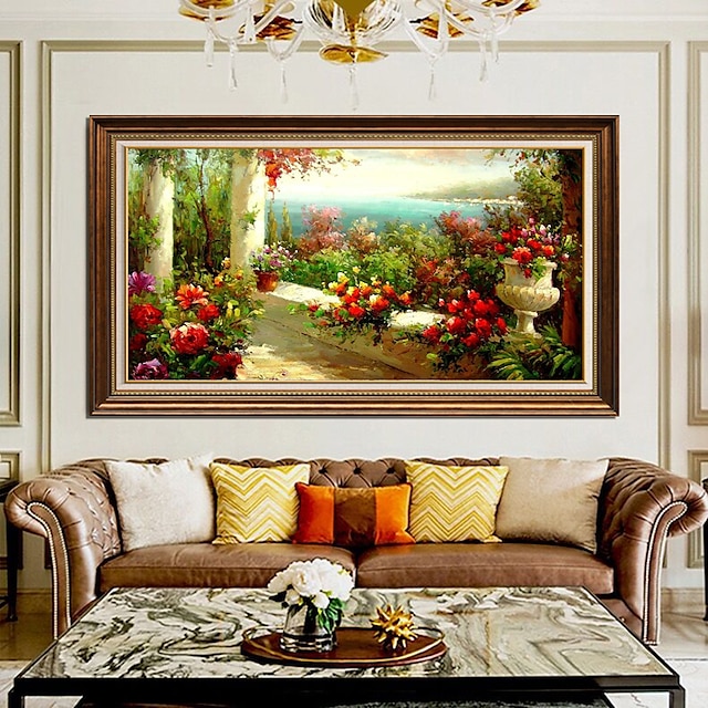  Handmade Oil Painting Canvas Wall Art Decoration Impression Scenery Mediterranean Vintage Garden View for Home Decor Rolled Frameless Unstretched Painting