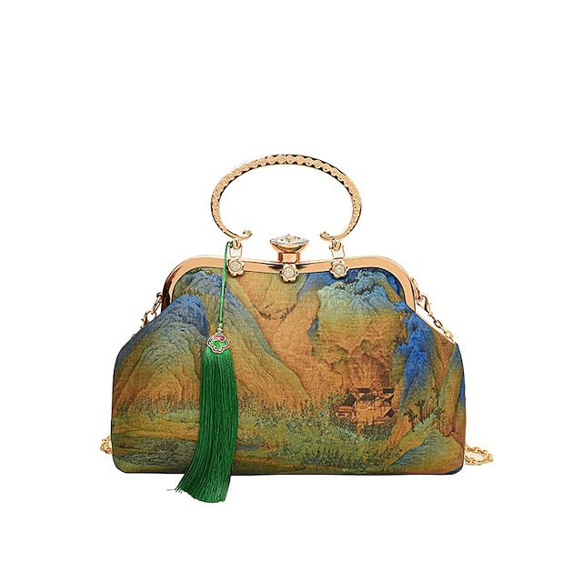  حقيبة يد نسائية للسهرة، حقائب بمقبض لحفلات الزفاف المسائية مع سلسلة ذات سعة كبيرة، لون هندسي باللون الأخضر / الأزرق والأخضر الداكن والأخضر