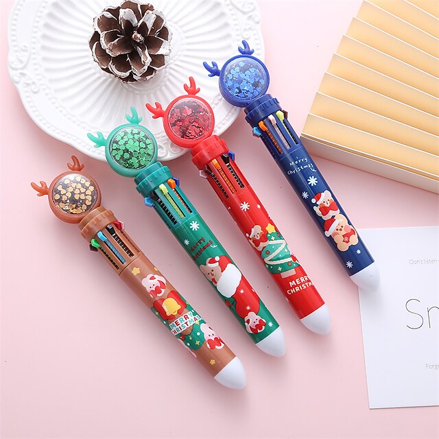  Christmas 10-Colors Retractable Ballpoint Pen Push Type Color Rollerball Pen For School Office Stationery Supplies Marker Gift For Kids