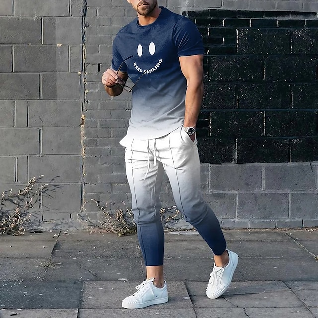  カートゥン スポーツ デザイナー カジュアル 男性用 3Dプリント シャツセット Tシャツの衣装 シャツとパンツのセット アウトドア 日常 バケーション Tシャツ ブルー 半袖 クルーネック シャツ 春夏 衣類 S M L XL 2XL 3XL