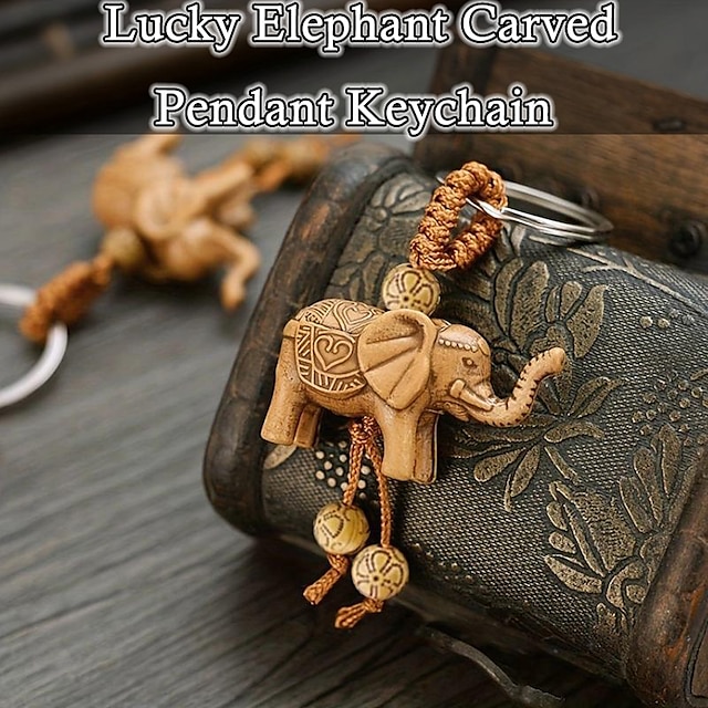  Vintage Polyresin Lucky Elephant Carved Pendant Keychain - Perfect Gift for Men and Women!