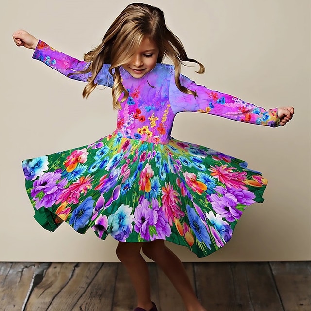  Girls' 3D Floral Dress Long Sleeve 3D Print Fall Winter Sports & Outdoor Daily Holiday Cute Casual Beautiful Kids 3-12 Years Casual Dress A Line Dress Above Knee Polyester Regular Fit