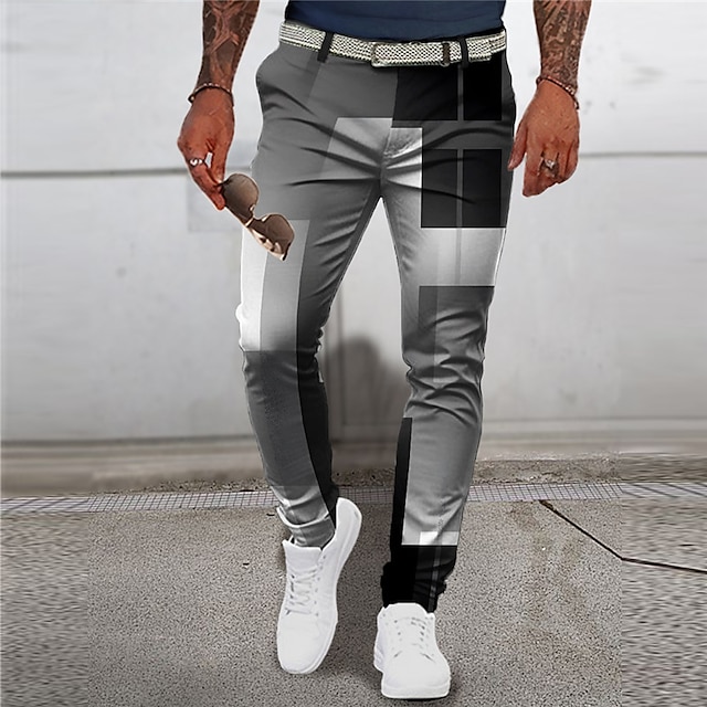  Xadrez Estampas Abstratas Geometria Casual Homens Impressão 3D Calças Ao ar livre Rua Vestir para trabalhar Poliéster Rosa Azul Verde S M L Cintura Média Elasticidade Calça