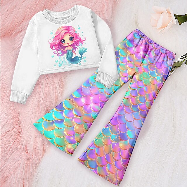  Flickor 3D Grafisk Tecknat Sjöjungfru Sweatshirt & Sweatpants Set Klädesset Rosa Långärmad 3D-tryck Höst Vinter Aktiv Mode Dagligen Barn 3-12 år Utomhus Semester Datum Normal