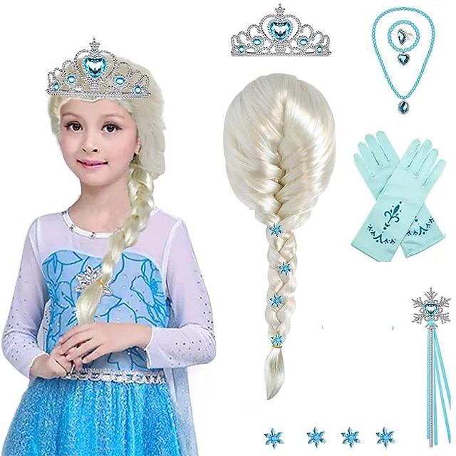  12 kpl setti lapsille elsa cosplay peruukki pitkä blondi prinsessa punottu peruukki valkoinen tyttö synteettinen peruukki animejuhliin peruukkihattu