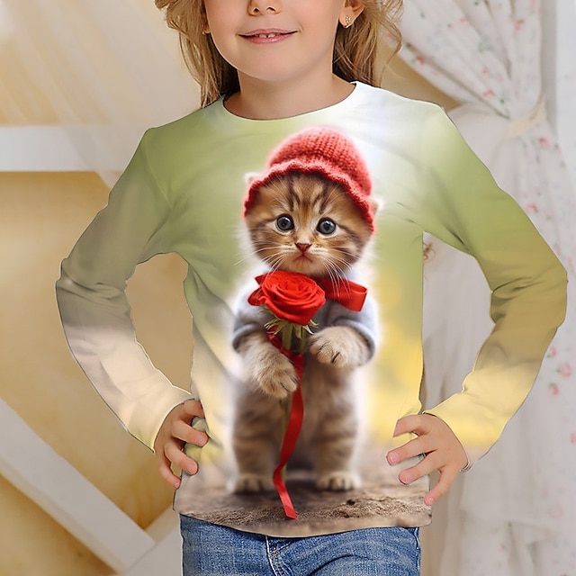 Dla dziewczynek 3D Graficzny Kreskówki Kot Podkoszulek T-shirt Długi rękaw Druk 3D Lato Jesień Aktywny Moda Śłodkie Dzieci 3-12 lat Na zewnątrz Codzienny Regularny