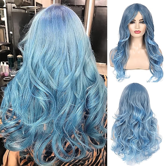  Peluca azul para mujer, peluca azul pastel ondulada larga y rizada, parte lateral, peluca sintética para cosplay de halloween con gorro de peluca