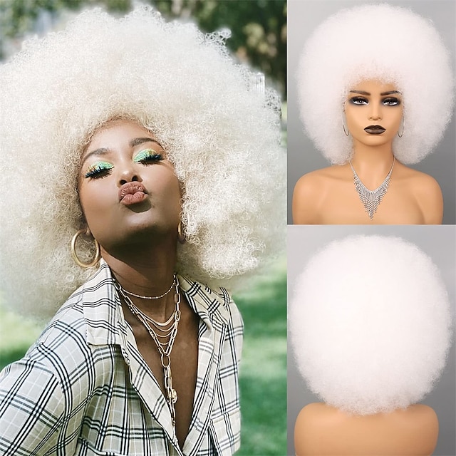  Weiße Afro-Perücke für schwarze Frauen, leimlose Wear-and-Go-Perücke, hitzebeständige 70er-Jahre-Perücke, synthetische Afro-Perücke für Party- und Cosplay-Kostüme, Halloween-Perücken