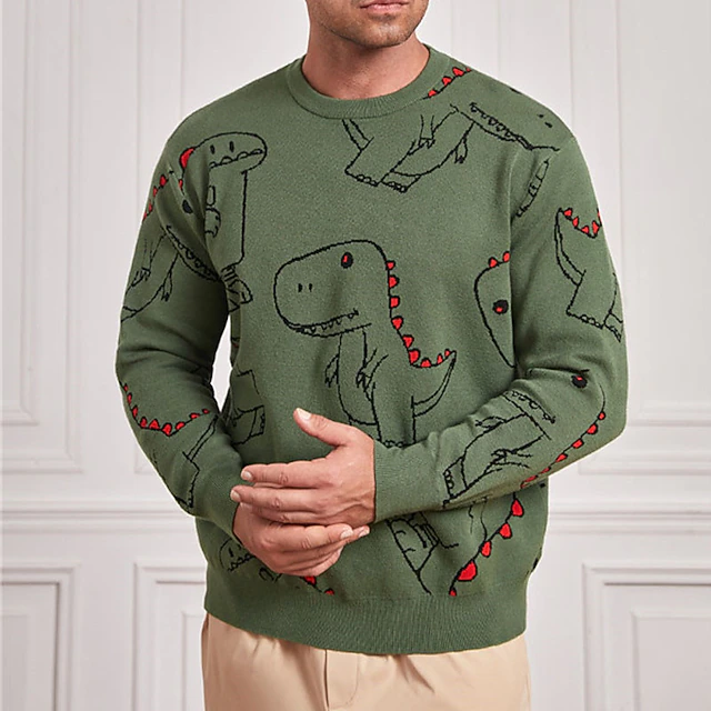 Men's Cartoon Dinosaur Pullover Sweater Jumper Knitwear Crew Neck Fashion Streetwear Designer Vacation Daily Wear Going out Knitted Long Sleeve Fall & Winter Army Green 6