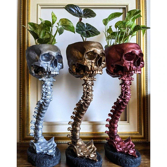 Halloween Skull Planter & Spine Stand, Resin Skull Head Flower Succulent Cactus Planter Pots,or Home Office Desk Decorations Halloween Scene Statue Sculpture Decorations 15