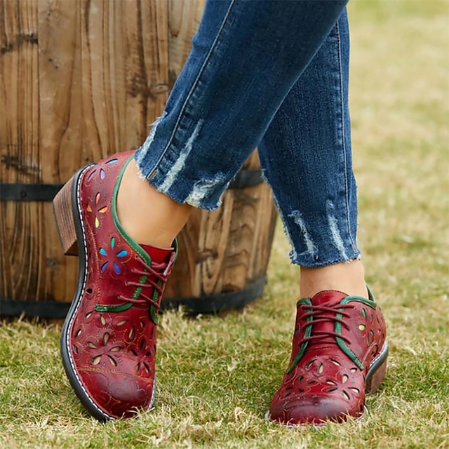  Mujer Tacones Oxfords Bullock Zapatos Zapatos hechos a mano Zapatos antiguos Diario Color sólido Separar Con Cordón Tacón Cuadrado Dedo redondo Vintage Moda Casual Cuero Piel de Oveja Cordones Rojo