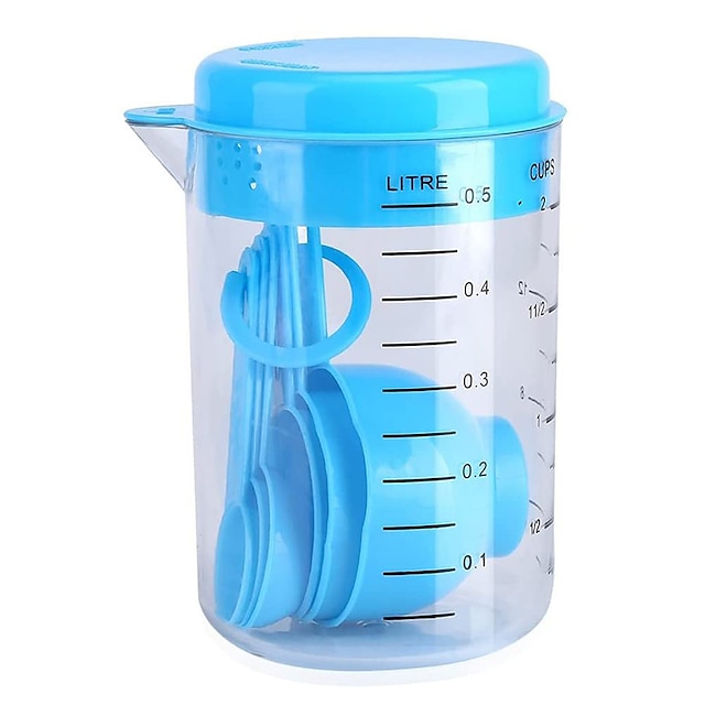  Juego de 7 tazas y cucharas medidoras de plástico, herramienta de medición de cocina para cocinar y hornear, utensilios de cocina para hornear para ingredientes secos o líquidos