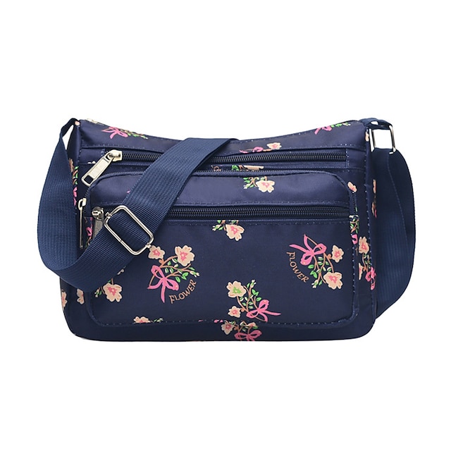  Kvinders blomstret crossbody-skuldertaske, let vandtæt nylonpung med flere lynlåslommer, afslappet rejsetaske til daglig brug og ferie