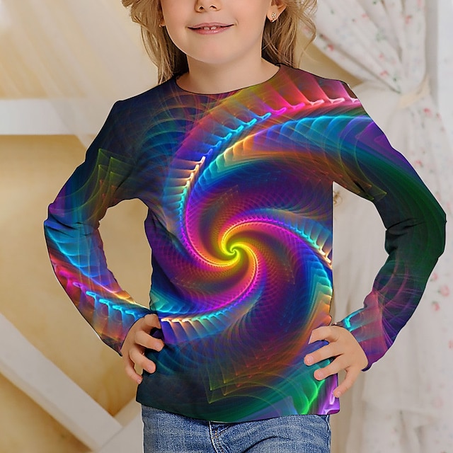  Pige 3D 3D Print T-shirt Langærmet 3D-udskrivning Efterår Vinter Aktiv Mode Sød Stil Polyester Børn 3-12 år udendørs Afslappet Daglig Regulær