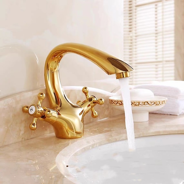  Bathroom Sink Mixer Faucet, Brass Basin Taps Dual Handle with Hot and Cold Hose