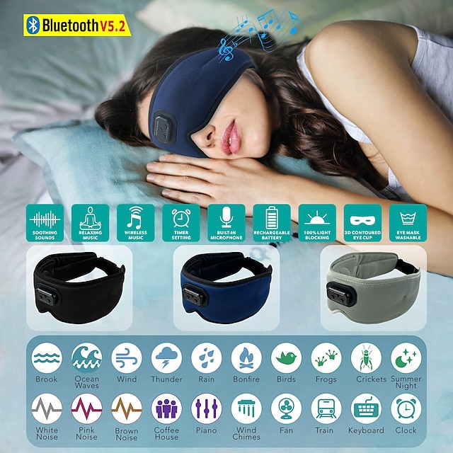  Sleep Headphones White Noise Cancelling HD 3D Bluetooth 5.2 Silk Sleeping Eye Mask Auto Shut Off 100% Blackout Sleep Eye Covers