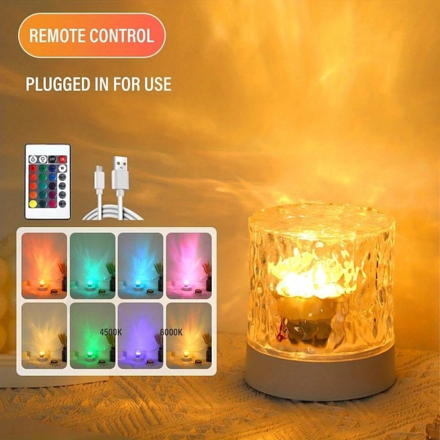  LED ondulation de l'eau veilleuse ambiante rechargeable par USB projection rotative lampe de table en cristal RVB avec télécommande changement de couleur à intensité variable pour la chambre à