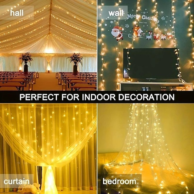  LED Curtain Light Copper Wire with 8 Lighting Modes Remote Control USB Powered for Christmas Holiday Room Window Curtain Decoration