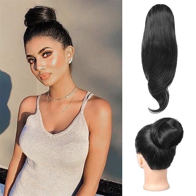  Messy Hair Bun Top Knot Clip in Bun Fake Hair Bun Ponytail Extension 12 Inch Synthetic Chignon Updo Hairpiece for Women Black