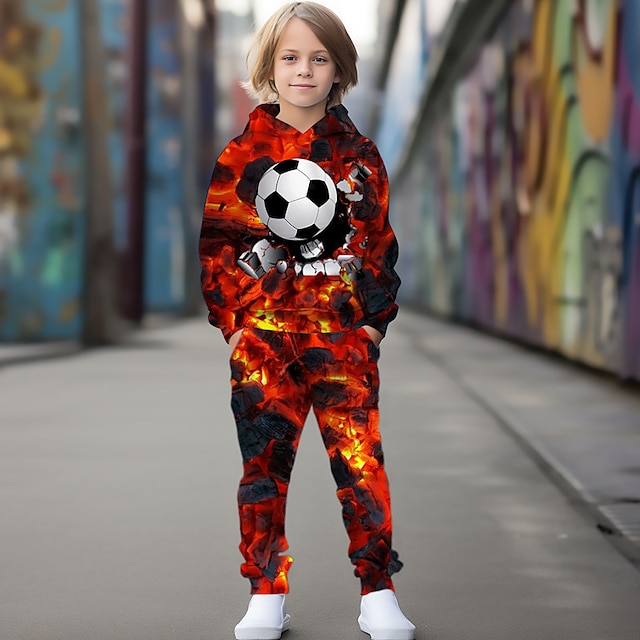  Fiú 3D Futball Anorák és nadrágok Kapucnis szett Ruházat szett Hosszú ujj 3D nyomtatás Ősz Tél Aktív Divat Menő Poliészter Gyerekek 3-12 év Szabadtéri Utca Vakáció Normál