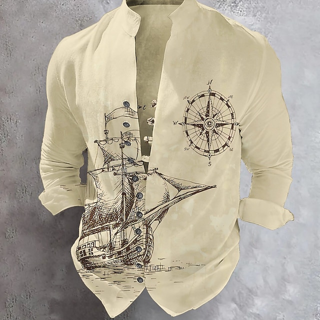  Bărbați Cămașă Imprimeu Grafic Ancoră Barcă navigare Guler de stand Alb Kaki În aer liber Stradă Manșon Lung Imprimeu Îmbrăcăminte Modă Șic Stradă Designer Casual