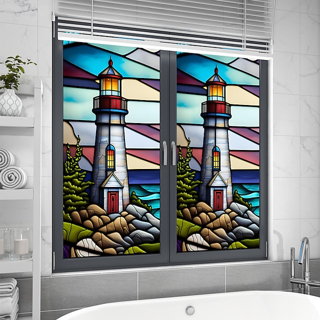  Stained Glass Window Film PVC Sticker Colorful Retro Tower Sunset Window Film PVC Electrostatic Glass Stickers Stained Window Films Static Cling Frosted Glass Film Wall Stickers