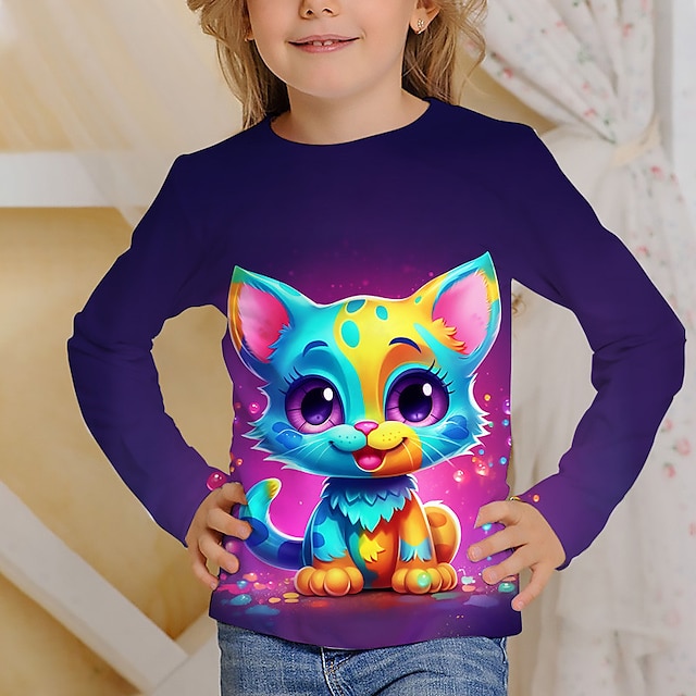  女の子 3D グラフィック カートゥン 猫 Tシャツ Ｔシャツ 長袖 3Dプリント 夏 秋 活発的 ファッション かわいいスタイル ポリエステル 子供 3〜12年 アウトドア カジュアル 日常 レギュラー