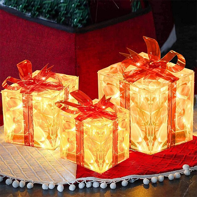  Set of 3 Christmas 60 LED Lighted Gift Boxes Transparent Warm White Lighted Christmas Box Decrations Presents Boxs with Red Bows for Christams Tree Yard Home Christams Decorations
