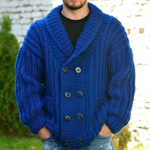 Men's Cardigan Sweater Cardigan Sweater Jacket Chunky Knit Regular Double Breasted Solid / Plain Color Shawl Collar Clothing Apparel Drop Shoulder Fall & Winter Royal Blue M L XL 9