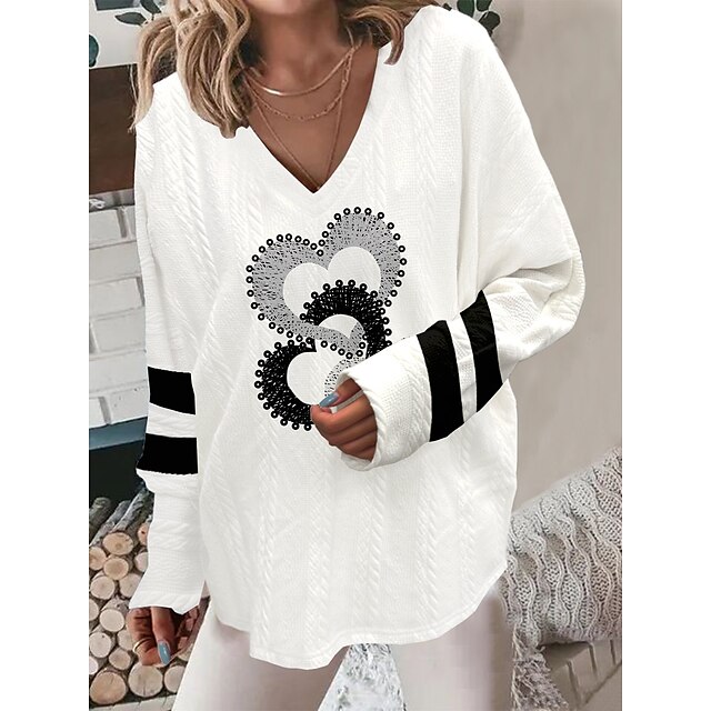  Women's Pullover Sweater Jumper Jumper Ribbed Knit Print V Neck Animal Outdoor Daily Stylish Casual Summer Fall White / Black Black S M L