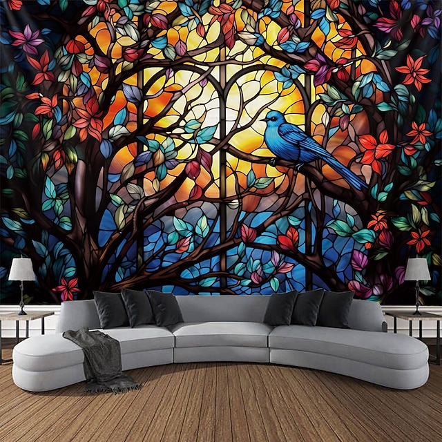  Vitral pássaros pendurados tapeçaria arte de parede grande tapeçaria mural decoração fotografia pano de fundo cobertor cortina casa quarto sala de estar decoração