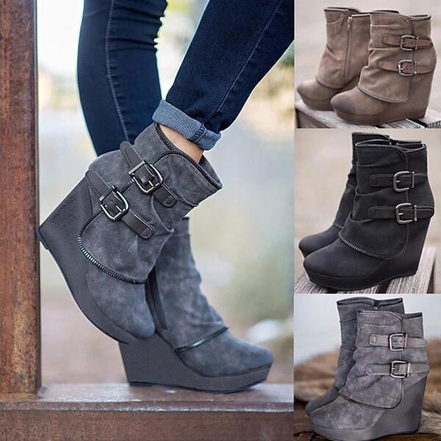  Women's Boots Suede Shoes Plus Size Booties Ankle Boots Daily Solid Color Booties Ankle Boots Winter Buckle Wedge Heel Round Toe Vacation Fashion Cute Faux Suede Zipper Black Coffee Gray