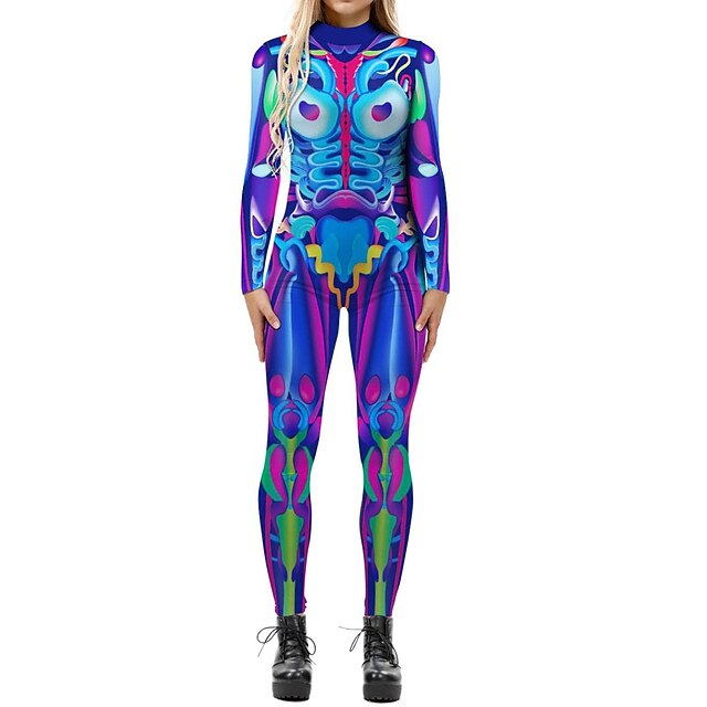 Selowin Women's Skeleton Print Bodysuit – Halloween Costume Catsuit Jumpsuit