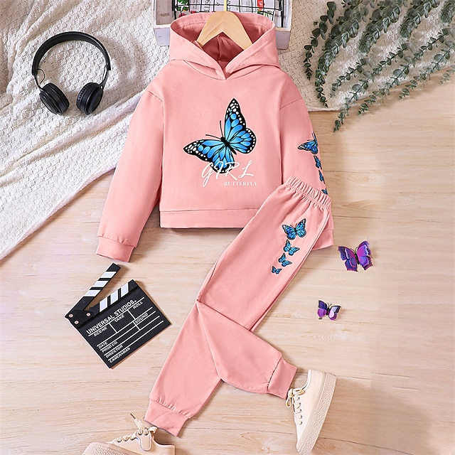  2 Pieces Kids Girls' Butterfly Hoodie & Sweatpants Set Set Long Sleeve Active School 7-13 Years Fall Black Pink Blue