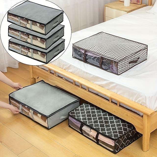  3pcs Foldable Underbed Storage Box With Transparent Windows - Ideal For Clothes Beddings Quilts Pillows - Space Saving Organizer For Wardrobe Closet Cabinet - Perfect For Home Dorms And Rentals