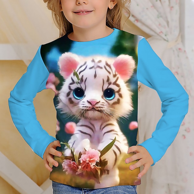  女の子 3D カートゥン フラワー 猫 Tシャツ Ｔシャツ 長袖 3Dプリント 夏 秋 活発的 ファッション かわいいスタイル ポリエステル 子供 3〜12年 アウトドア カジュアル 日常 レギュラー