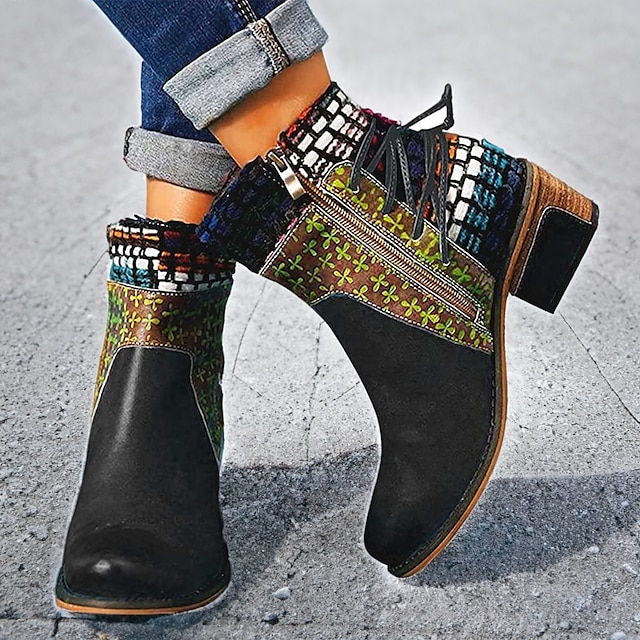  Women's Boots Booties Ankle Boots Vintage Shoes Daily Color Block Booties Ankle Boots Chunky Heel Round Toe Vintage Fashion Bohemia PU Zipper Black Yellow Blue