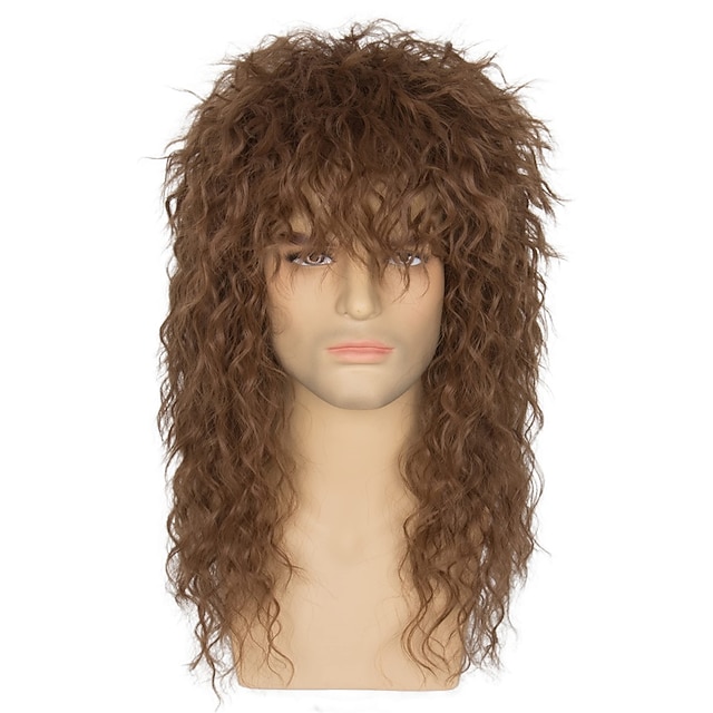  Pelucas de los años 80 para hombres y mujeres, peluca larga de rockero marrón, peluca con banda para el cabello de los años 80, peluca de disfraz de heavy metal