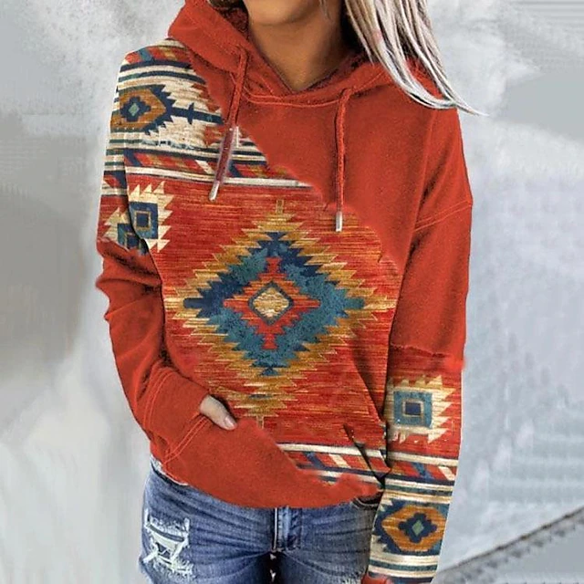 Women's Hoodie Sweatshirt Pullover Geometric Vintage Ethnic Street Casual Front Pocket Vintage Ethnic Neon & Bright Hoodie Long Sleeve Top Micro-elastic Fall & Winter Comfrt Breathable Soft Fabric 7