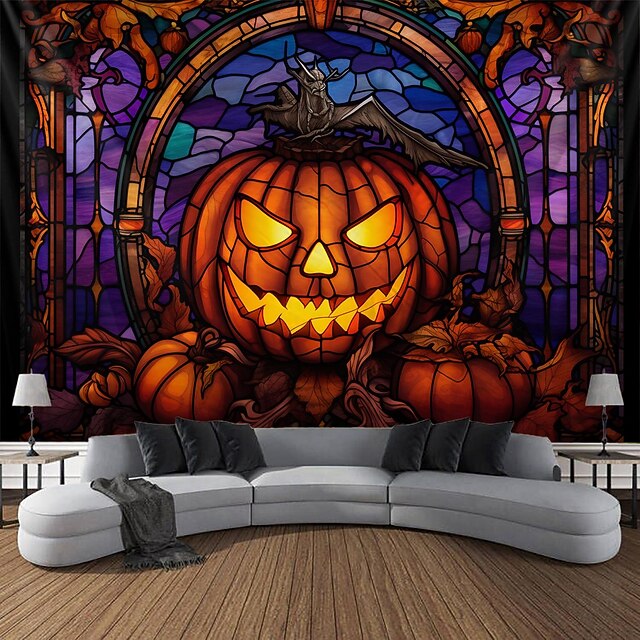 Halloween Decorations Tapestry Jack O Lantern Pumpkin Decor Wall Art Large Hanging Tapestry Mural Decor Photograph Backdrop Blanket Curtain Home Bedroom Living Room Stained Glass Bat 32