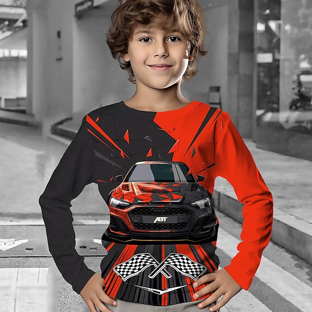  Drenge 3D Geometrisk Bil T-shirt Langærmet 3D-udskrivning Efterår Vinter Sport Mode Gade Polyester Børn 3-12 år udendørs Afslappet Daglig Regulær